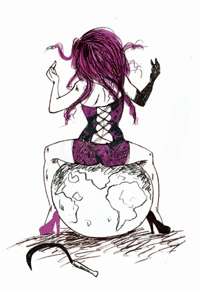 Femme assise sur le monde, dessin en noir et violet, Occitan culturelle, zine.