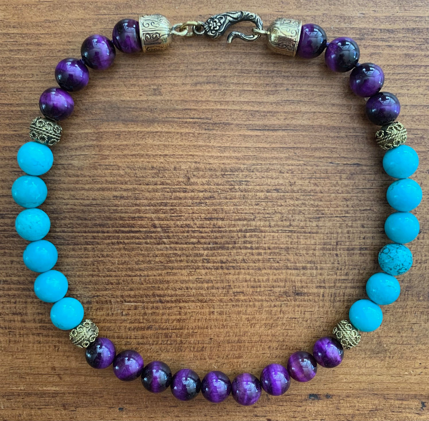 #8183 Purple Tiger Eye Turquoise Gold Bell Caps Gold Fleur Hook