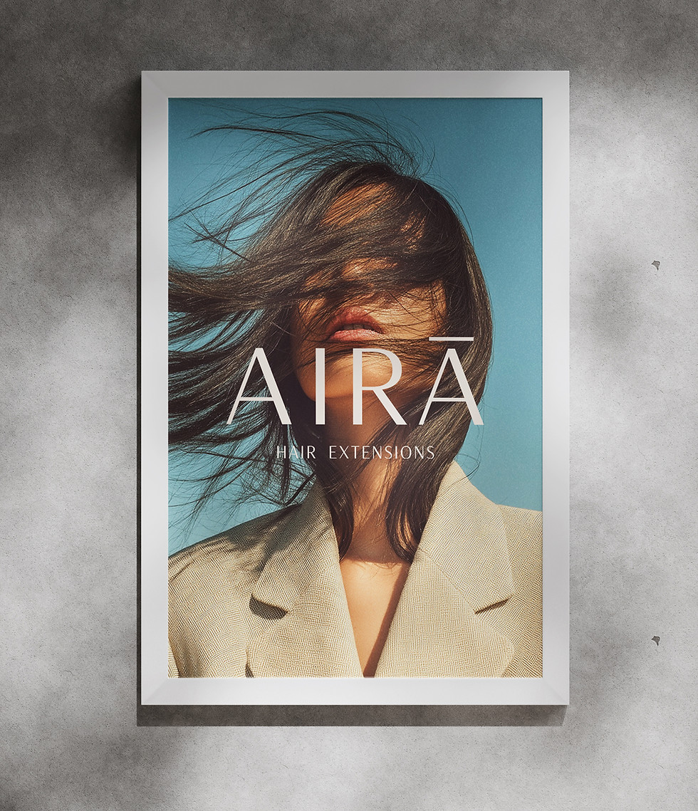 Identidad de marca AIRA Hair Extensions aplicada en póster, ejemplo de branding y diseño de marca por &Dim
