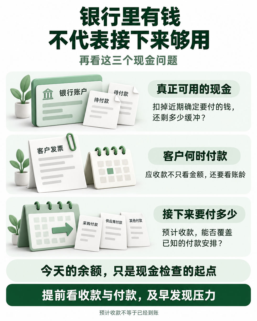 银行里有钱,不代表接下来够用:检查可用现金、客户回款与未来付款