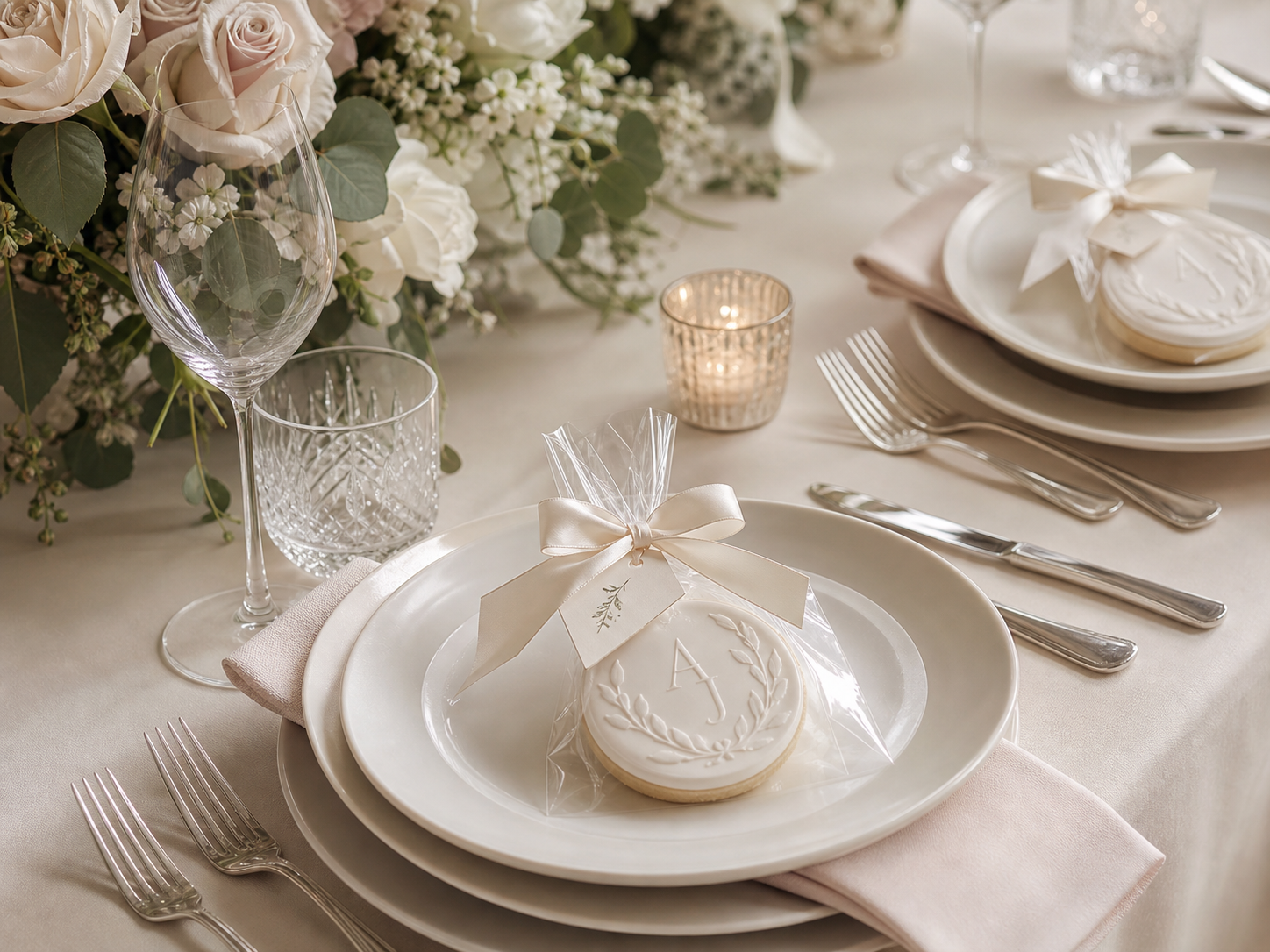Personalised fondant wedding favour cookie at a place setting