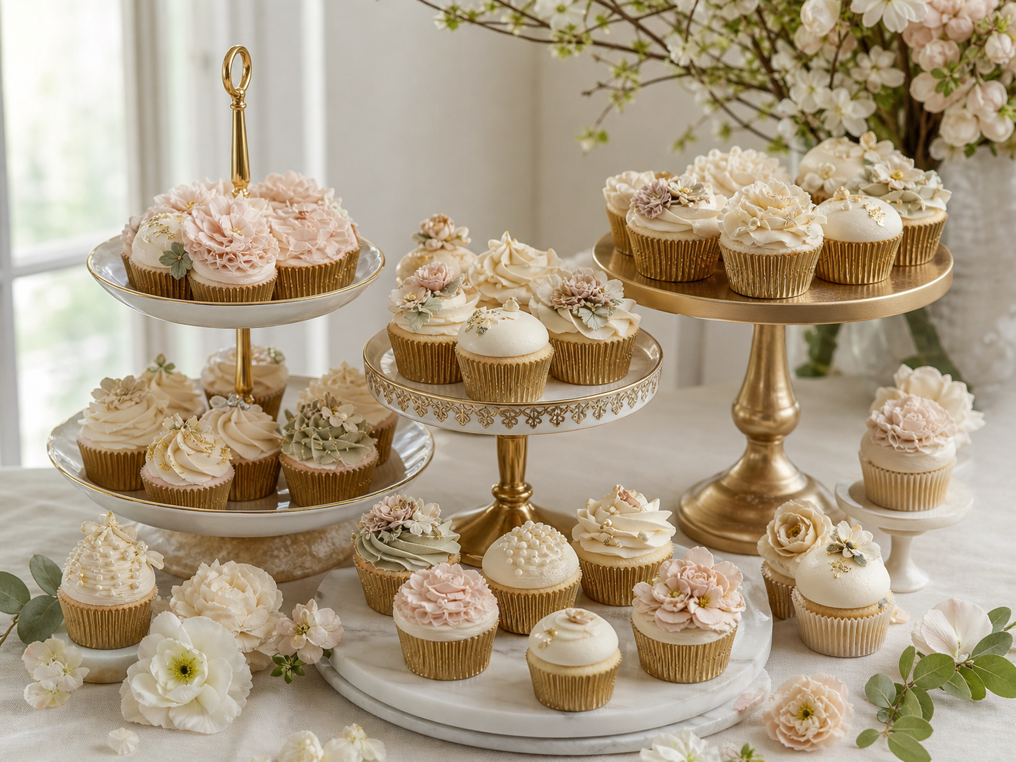 Luxury wedding cupcakes displayed on elegant tiered stands