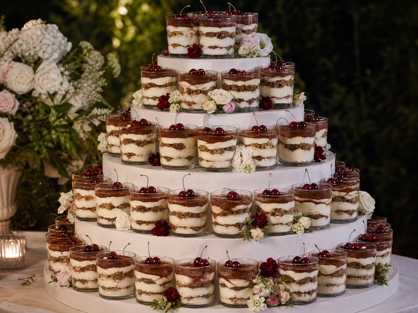 Wedding Tira-Tower arranged with individual tiramisu glasses