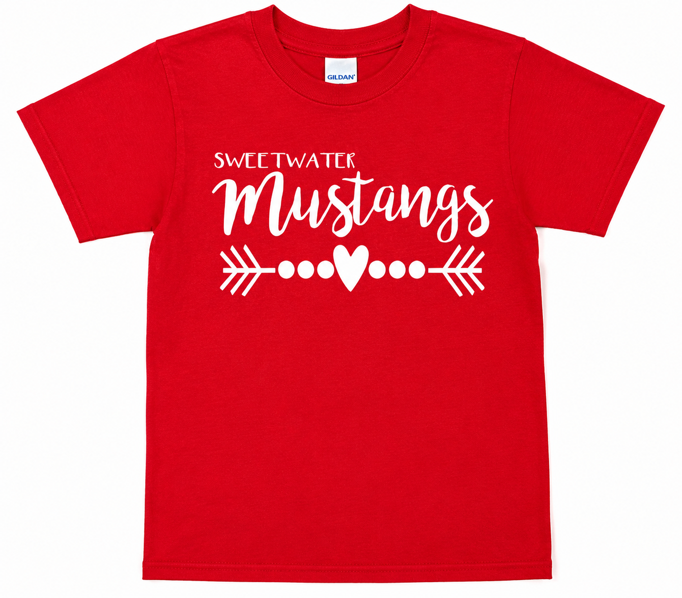 Red t-shirt with Sweetwater Mustangs in cute font with heart in the middle