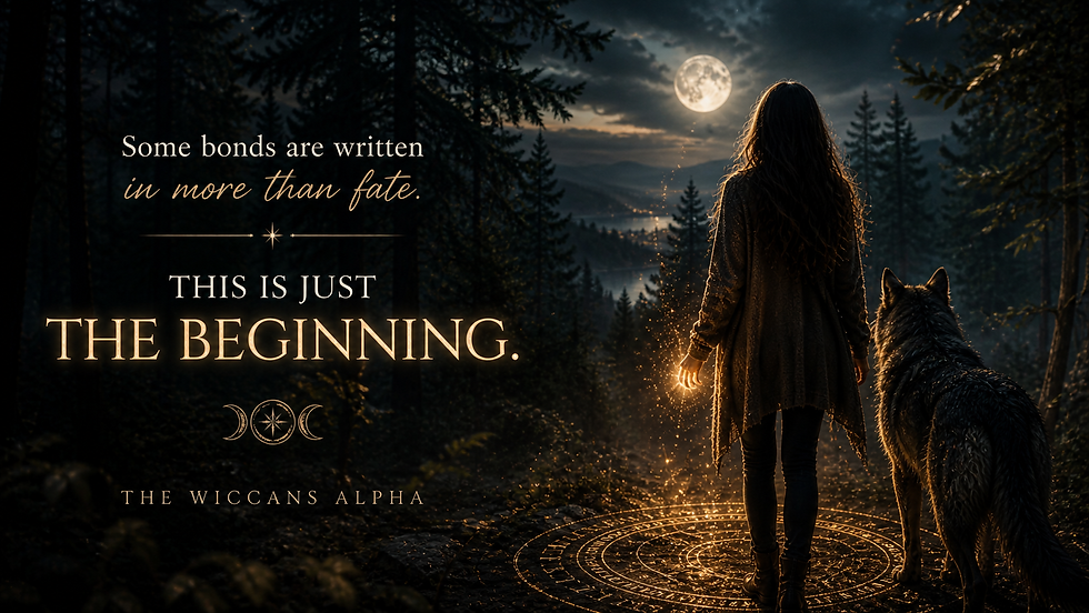 Woman and wolf looking at monn with caption: Some bonds are written in more than fate. This is just the beginning. The Wiccan's Alpha.