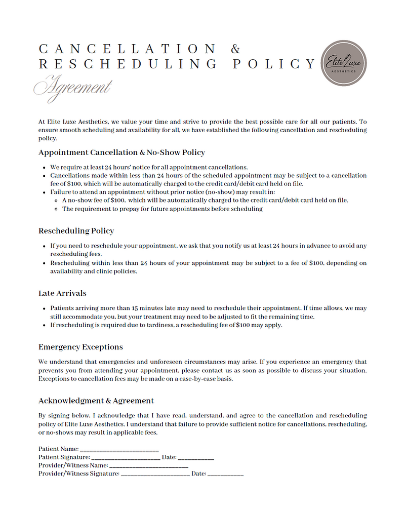 Elite Luxe Aesthetics, LLC policies