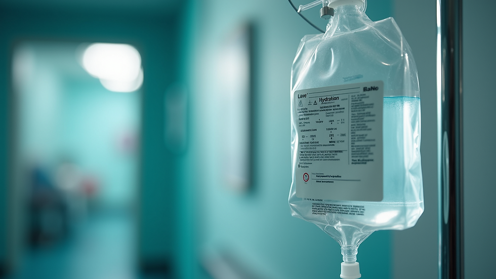 Close-up view of IV hydration bag and tubing