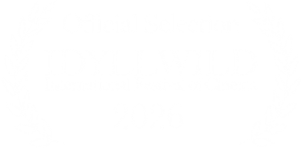 Laurel wreath surrounds text: "Official Selection IDYLLWILD International Festival of Cinema 2026" on a dark blue background.