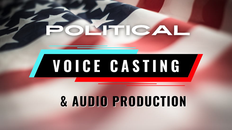 Text "Political Voice Casting & Audio Production" on a U.S. flag background, featuring stars and stripes with blue and red accents.