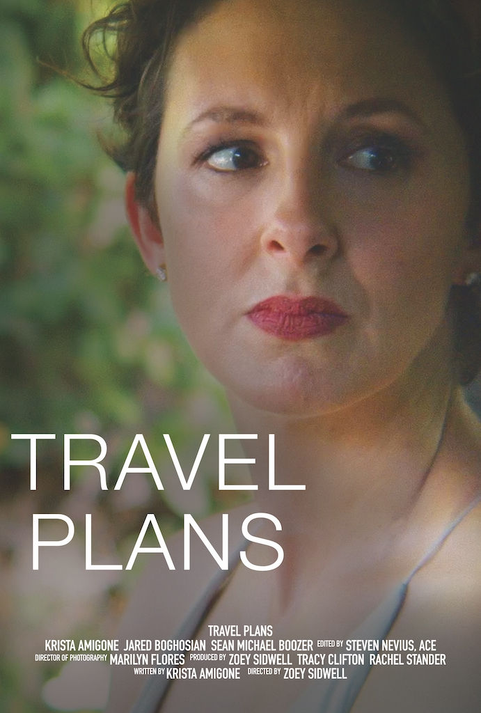 Woman with red lipstick gazes pensively to the side. Text reads "Travel Plans" over a blurred green background, suggesting contemplation.