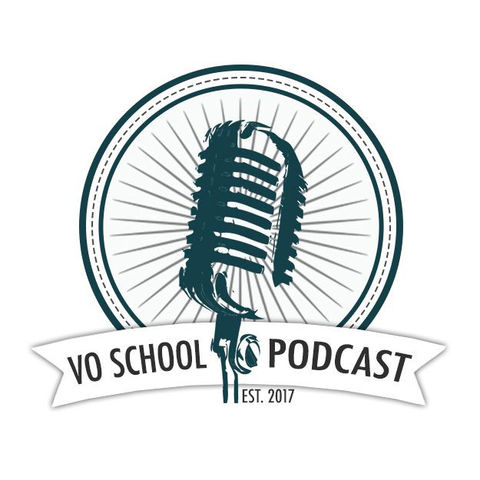 A vintage microphone with rays behind, surrounded by a circular border. Text below reads "VO School Podcast, Est. 2017."