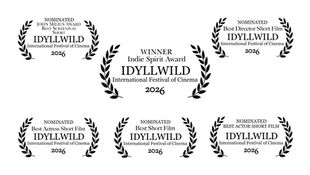 Winner announcement for the Indie Spirit Award at the 2026 Idyllwild International Festival of Cinema, framed by black laurel leaves.