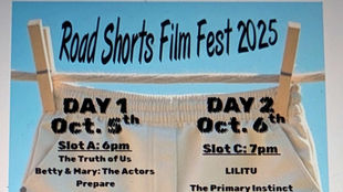 Film festival poster with shorts on a clothesline. Days and times for October 5-6, 2025. Includes film titles and ticket info. Blue sky.