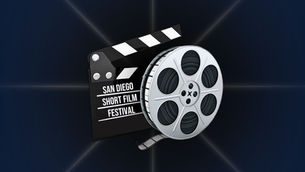 Film reel and clapperboard with text "San Diego Short Film Festival" against a white background, conveying a cinematic theme.