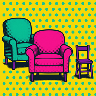 Three colorful chairs—green, pink, and purple—against a bright yellow background with green polka dots, creating a pop art style.