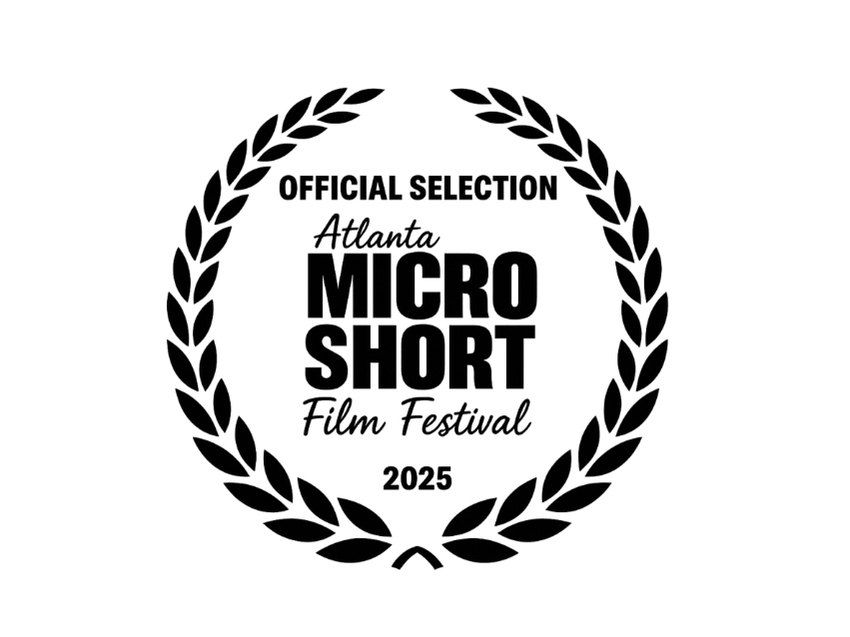 Laurel wreath with text: "Official Selection Atlanta Micro Short Film Festival 2025." Black on white, conveying achievement and recognition.