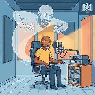 Podcast host in a studio at a microphone, startled by a ghostly figure looming over him, with audio gear and warm orange light.