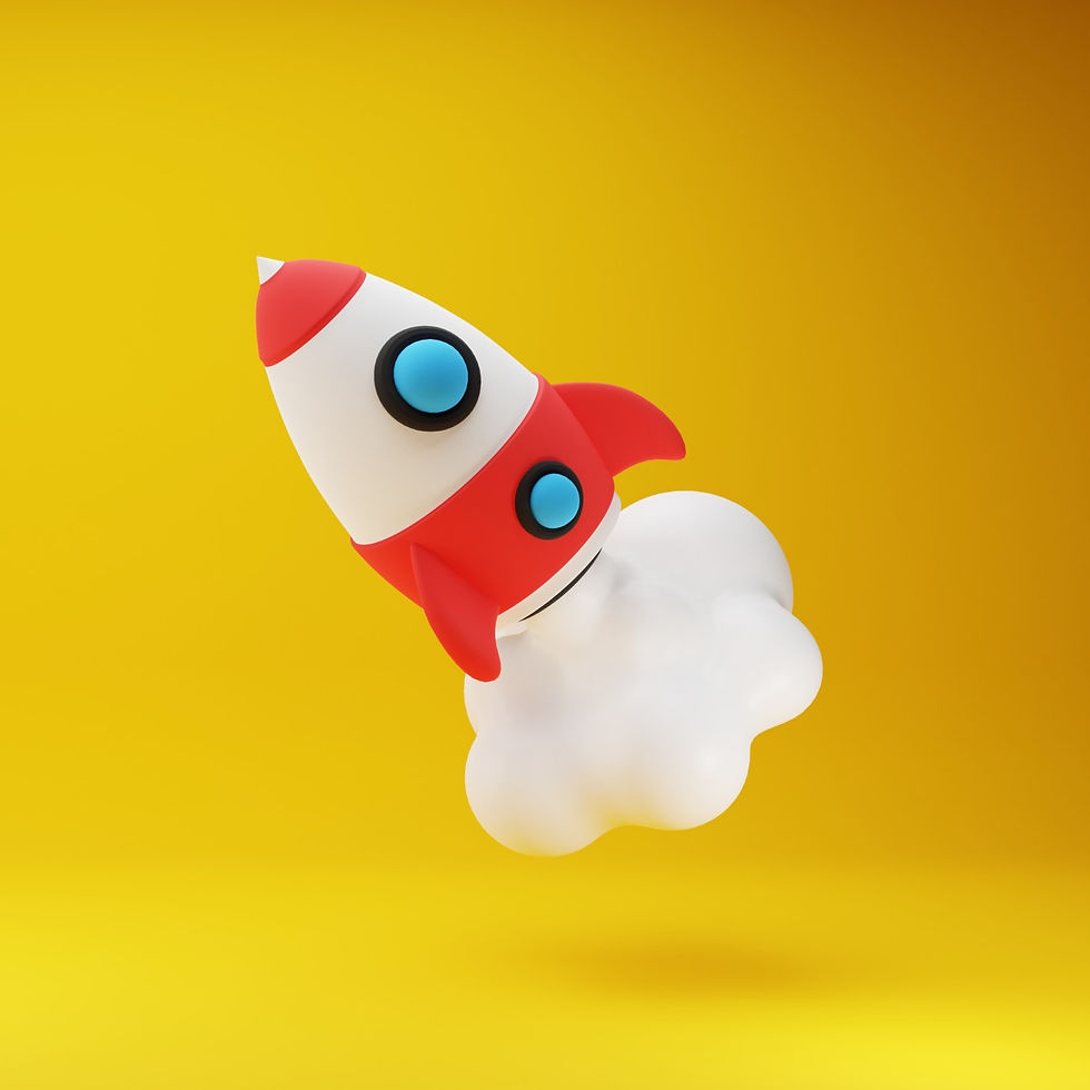 Toy rocket launching with a plume of white smoke on a bright yellow background. Red body with blue circular windows. Vibrant and playful mood.