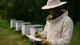 Beekeeper in protective clothing writes in a notebook near beehives in a grassy area. The mood is calm and focused.