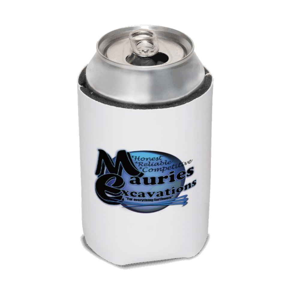 White stubbie holder with Mauries Excavations logo