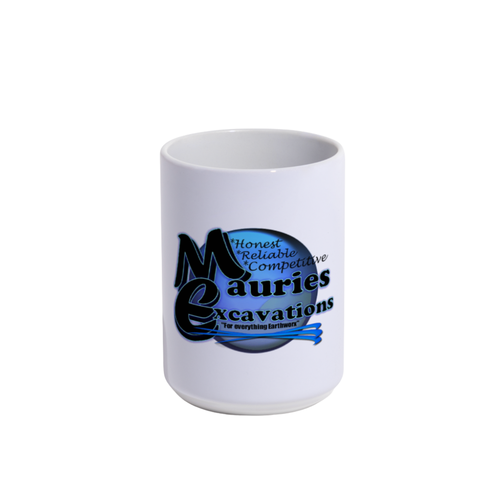 White mug with Mauries Excavations Logo