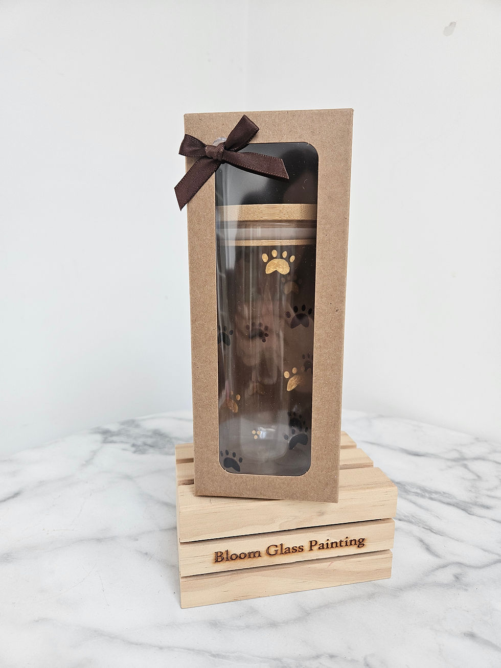Thumbnail: Drinking Glass with Bamboo Lid & Glass Straw - Paw Print 🐾 - gift boxed