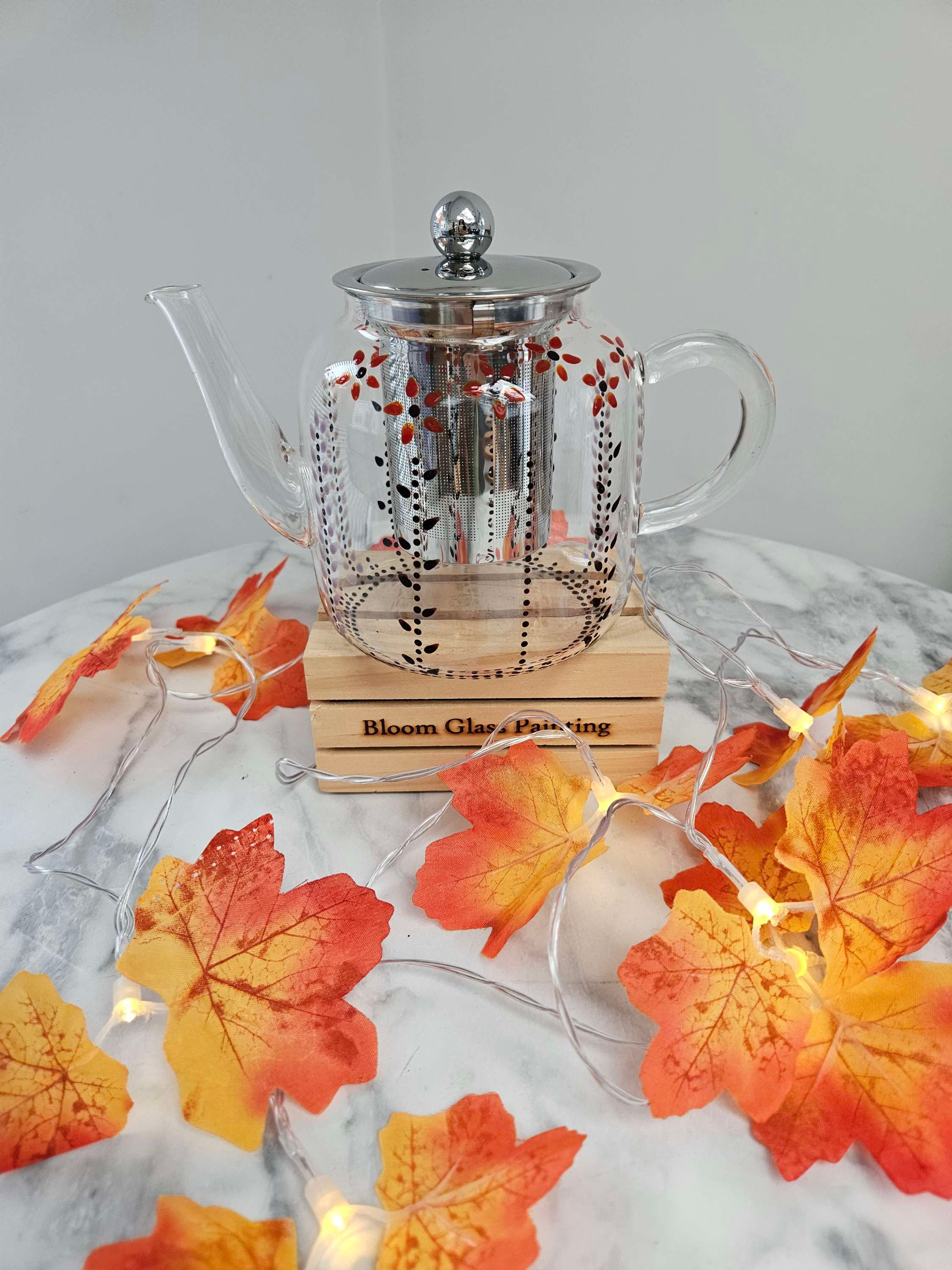 Hand Painted Glass Teapot 800ml - Autumn Leaves