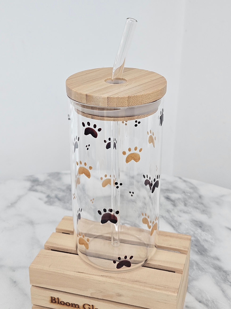 Thumbnail: Drinking Glass with Bamboo Lid & Glass Straw - Paw Print 🐾 - gift boxed