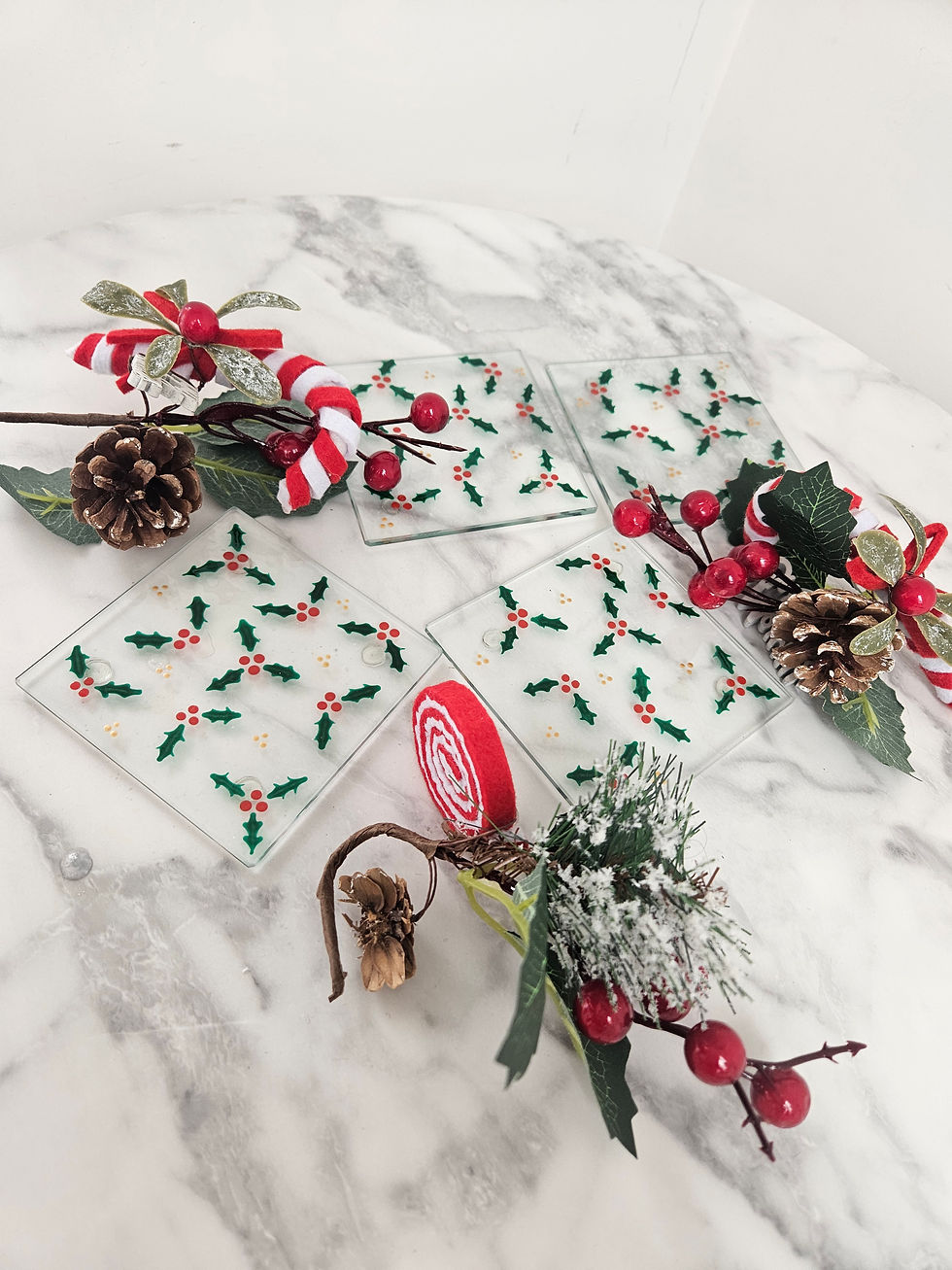 Thumbnail: Set of 4 Hand Painted Glass Coasters in Festive Holly