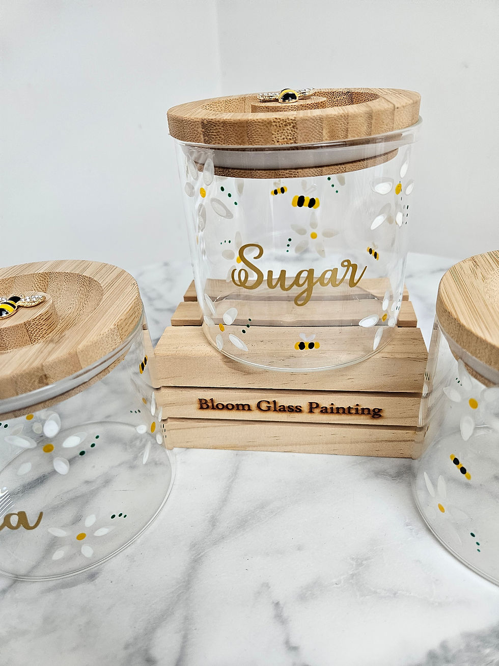 Thumbnail: Hand Painted with Daisies - Tea, Coffee, Sugar Cannisters with bee embellishment