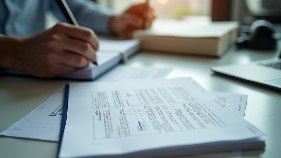 High angle view of a professional workspace with certification books and notes