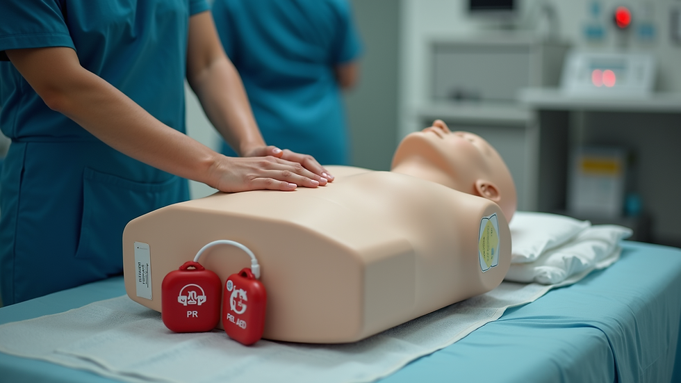 Close-up view of CPR training manikin with AED pads attached