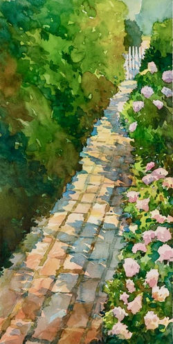 Garden Path, watercolor 16x26 $1125