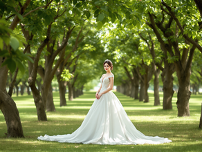 Bride in a green park wearing a wedding dress