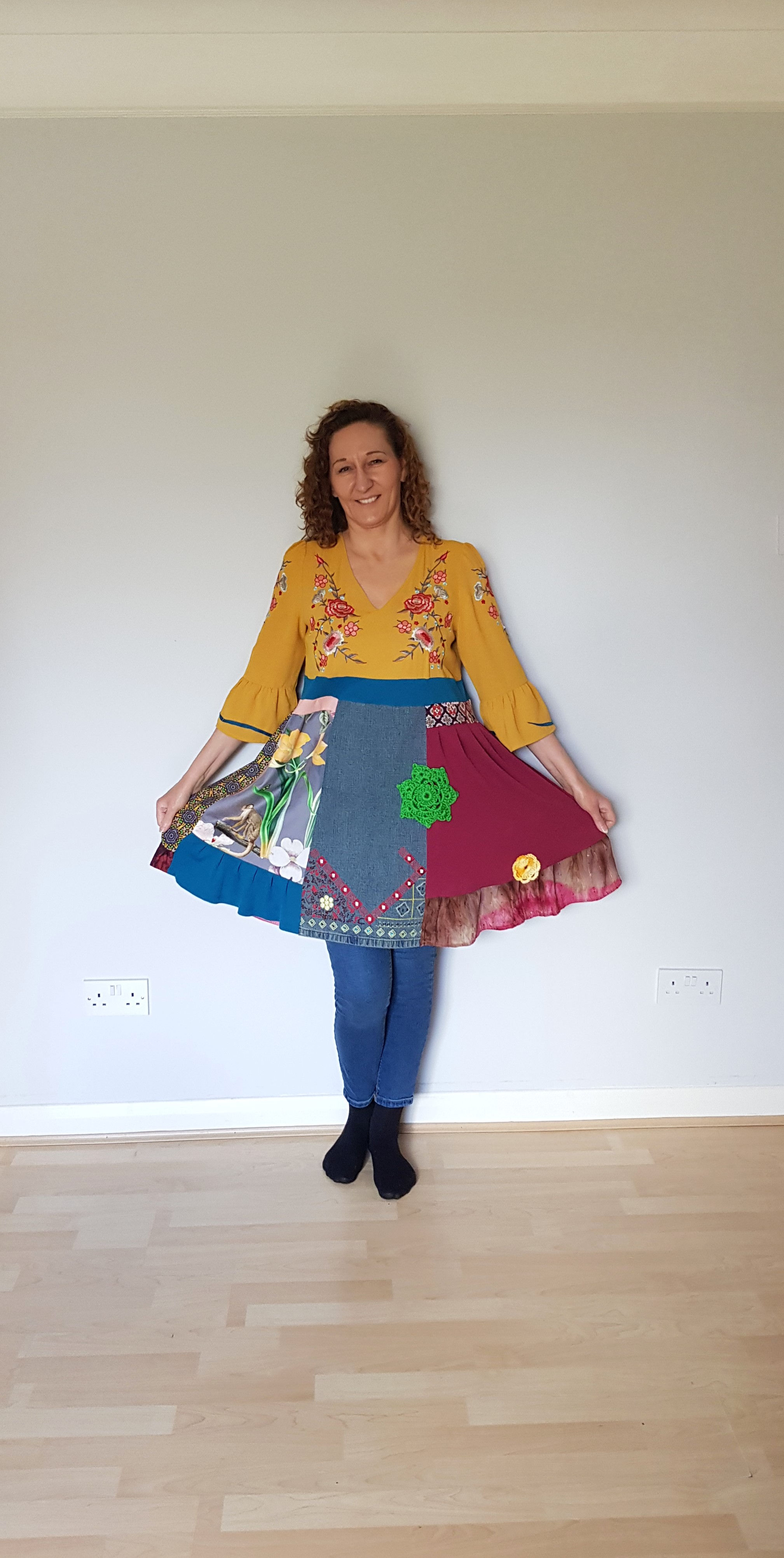 Upcycled embroidered denim tunic dress