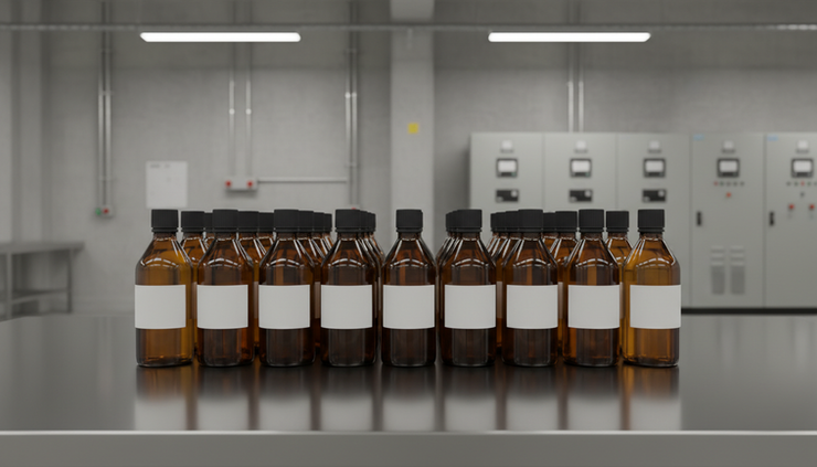Eye-level view of sealed fuel sample bottles in a testing area