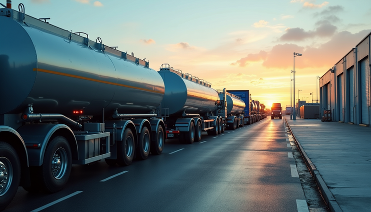 High angle view of fuel tanker trucks lined up for loading EN 590 diesel
