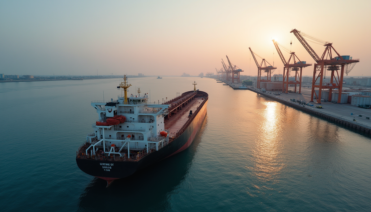 High angle view of oil tanker being loaded at Fujairah port