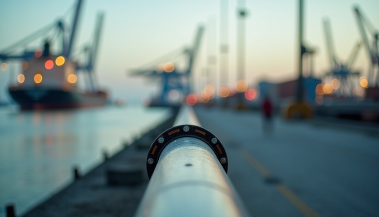 Close-up view of oil pipeline and loading arm at Houston port