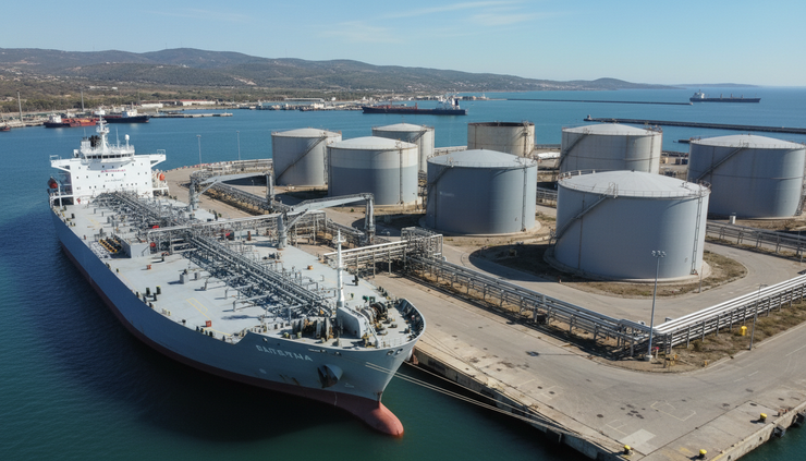 High-angle view of a tanker vessel near fuel tanks and dockside loading arms