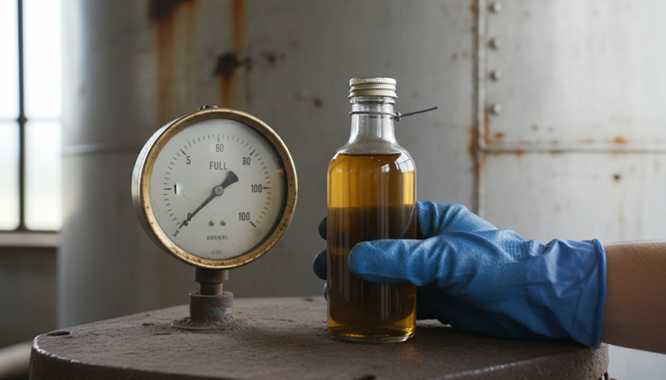 Close-up view of a sealed fuel sample bottle held near an industrial tank gauge.