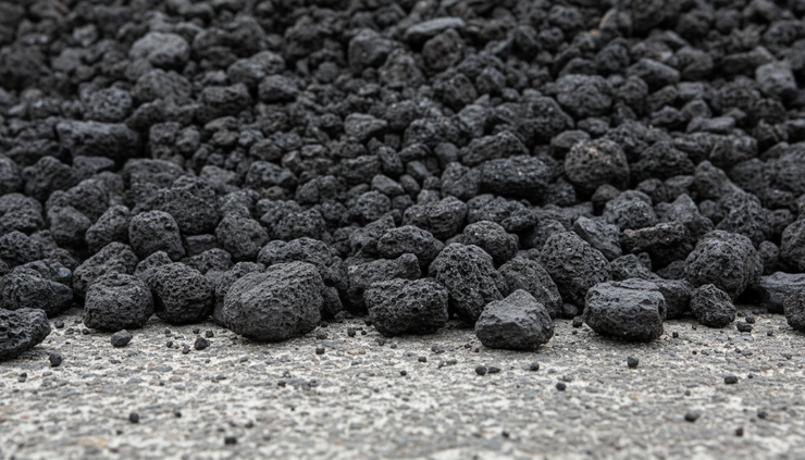 Close-up view of coarse black petroleum coke pieces on an outdoor storage surface