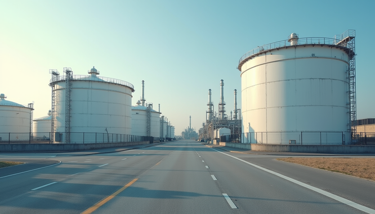 Eye-level view of large industrial oil storage tanks at a refinery