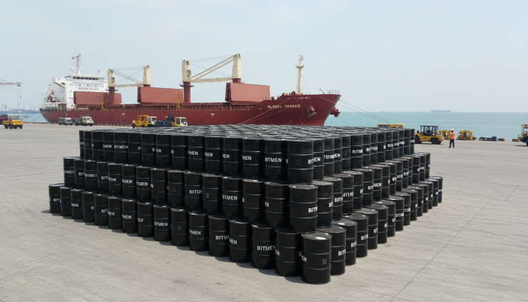 Wide-angle view of stacked bitumen drums near a seaport loading area