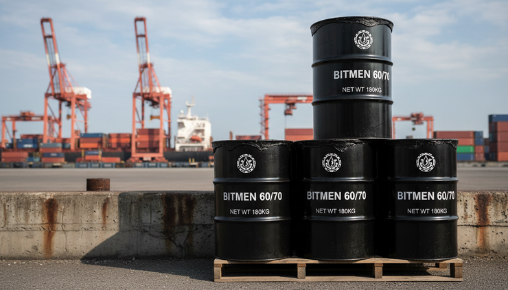 Close-up view of sealed bitumen drums with shipping marks beside a loading platform