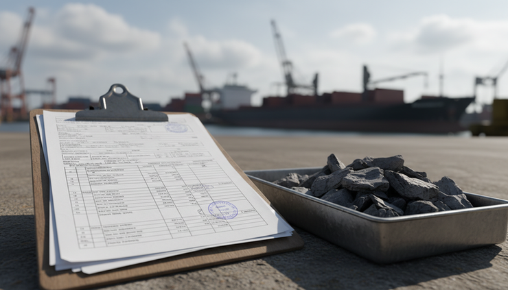 High-angle view of a printed shipping document beside a sample tray of petroleum coke at a port inspection area