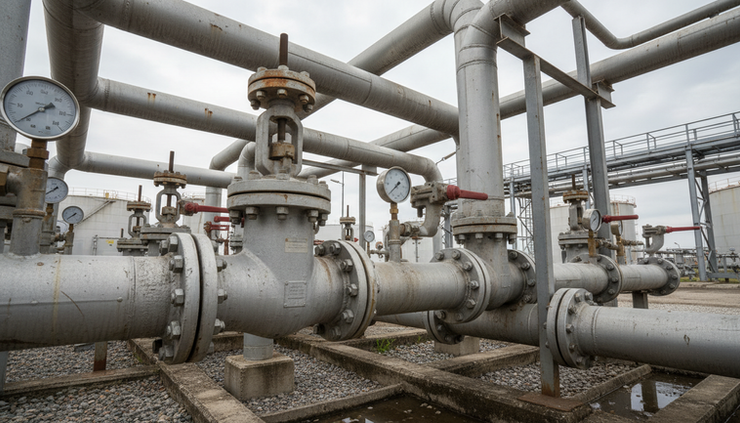 Low-angle view of fuel pipeline valves and pressure gauges at a terminal