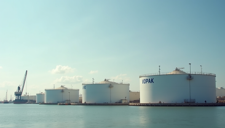 Eye-level view of large Vopak fuel storage tanks at Houston port