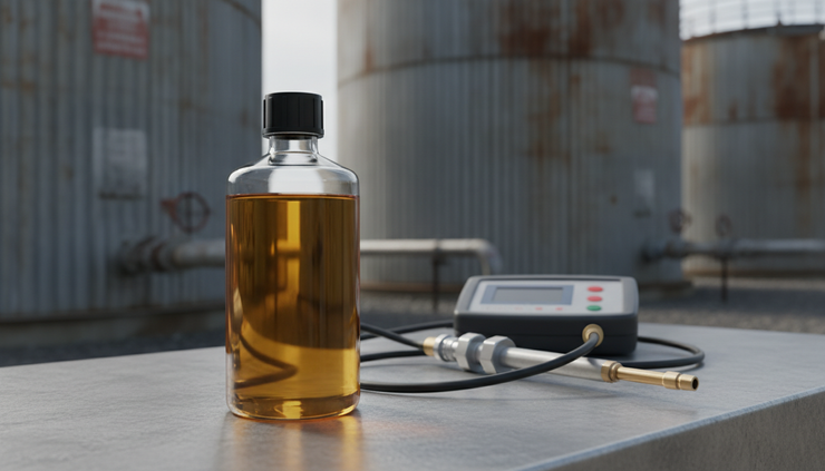 Close-up view of an inspector sample bottle beside fuel testing equipment