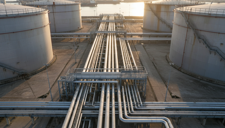 High-angle view of tanker pipelines running between storage tanks